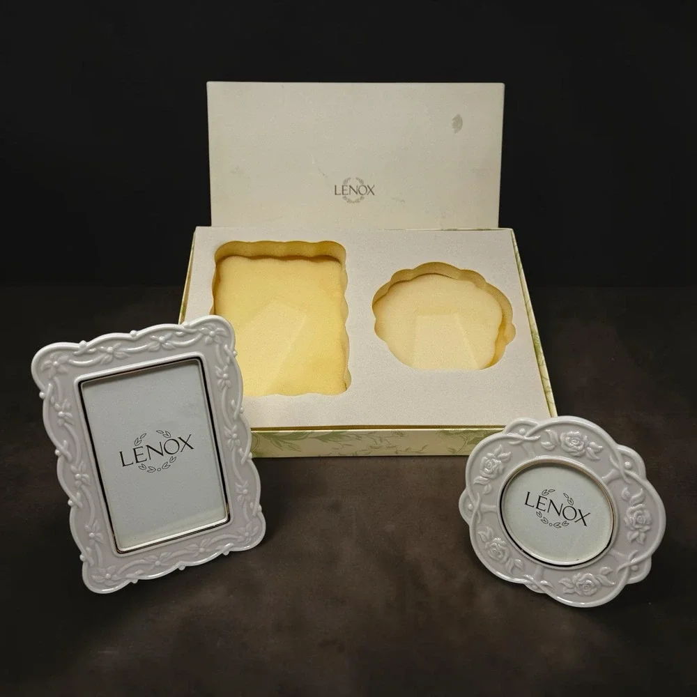 Lenox Cottagecore Picture Frame Set NIB White Porcelain Floral Rose 4x6 & Round